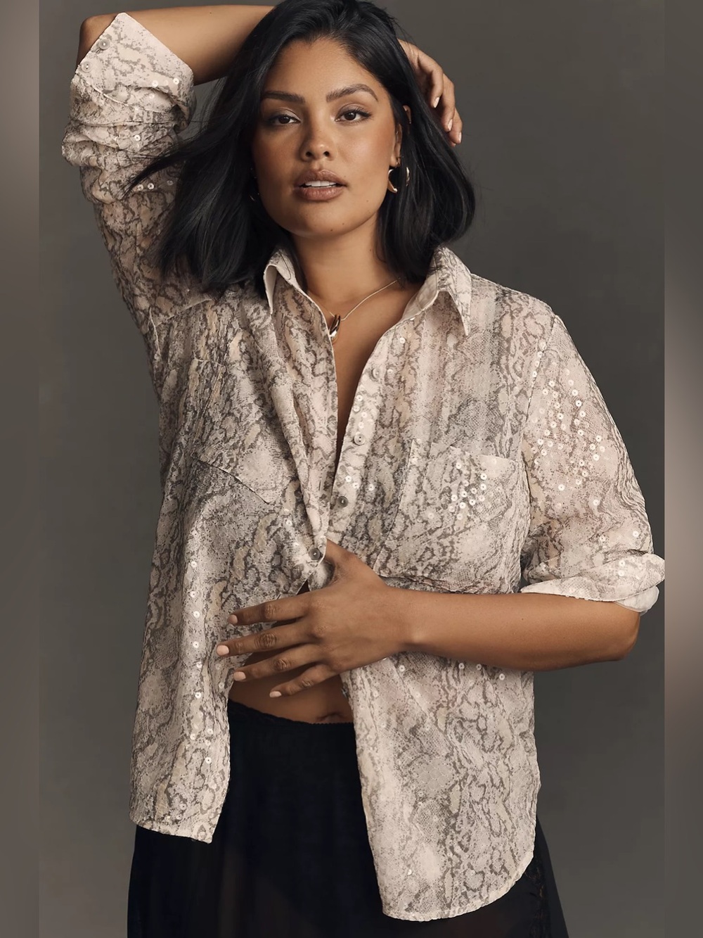By Anthropologie snakeskin Printed Sequin Sheer Buttondown Shirt